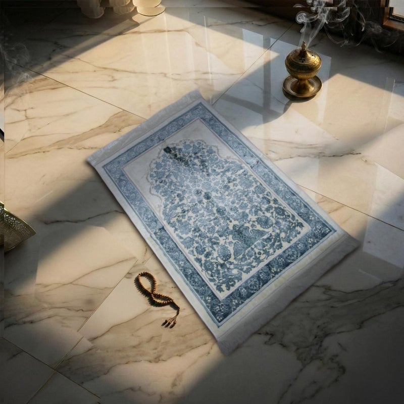 Melen Turkish Acrylic Prayer Mat – Tayba – Misty Blue – Cream - Image 1